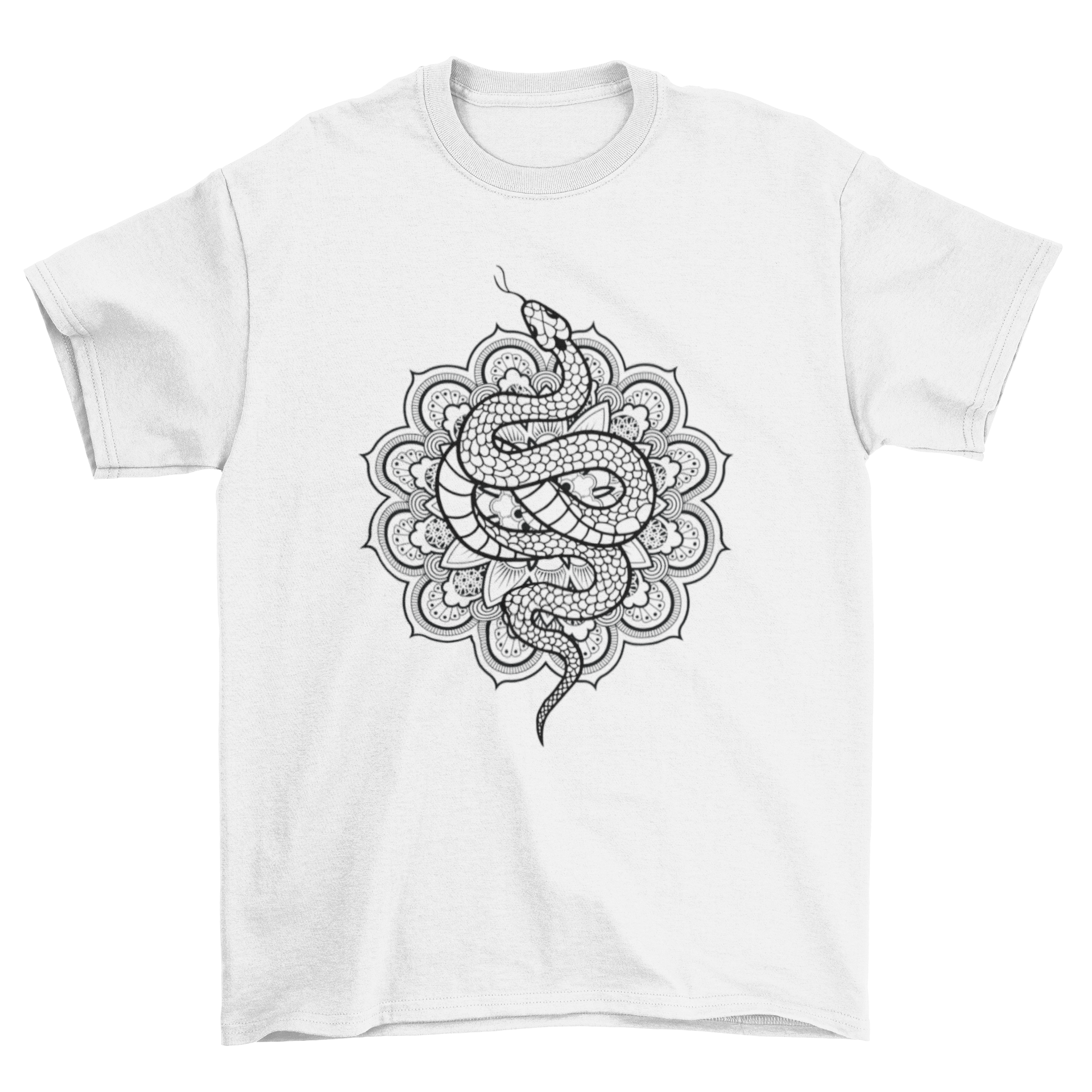 A stylish t-shirt featuring a snake illustration over an intricate mandala design, showcasing vibrant colors and artistic details.