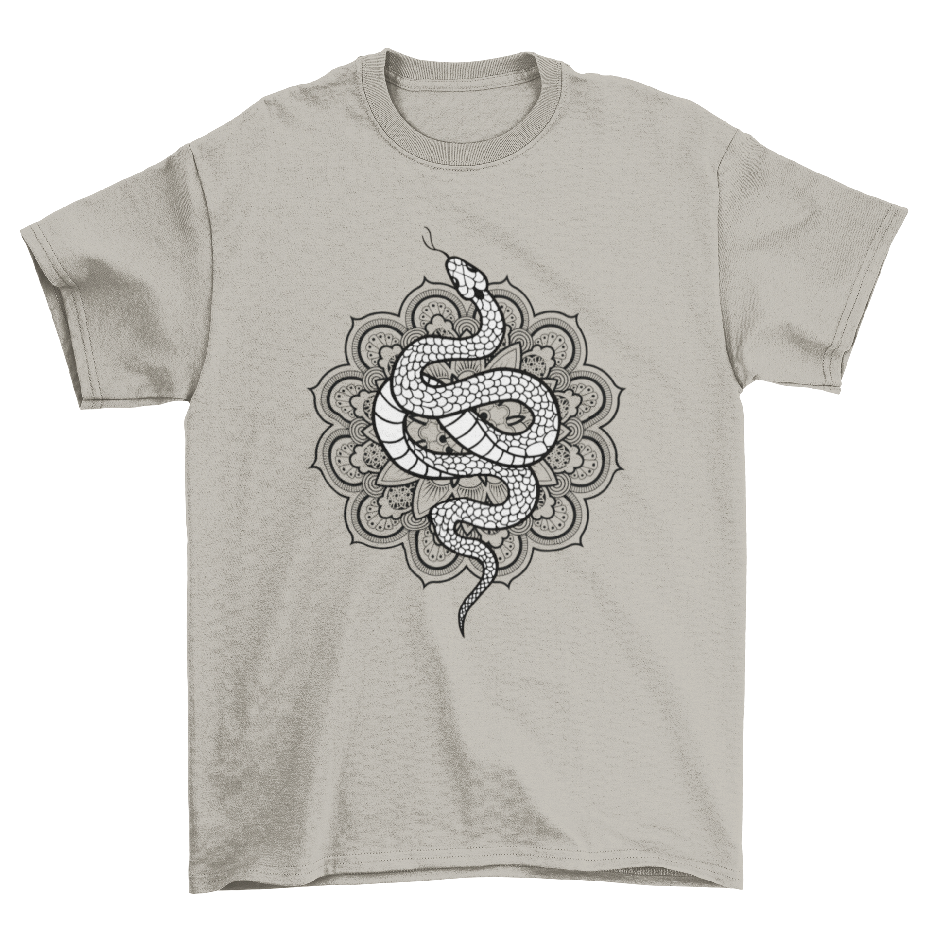 A stylish t-shirt featuring a snake illustration over an intricate mandala design, showcasing vibrant colors and artistic details.