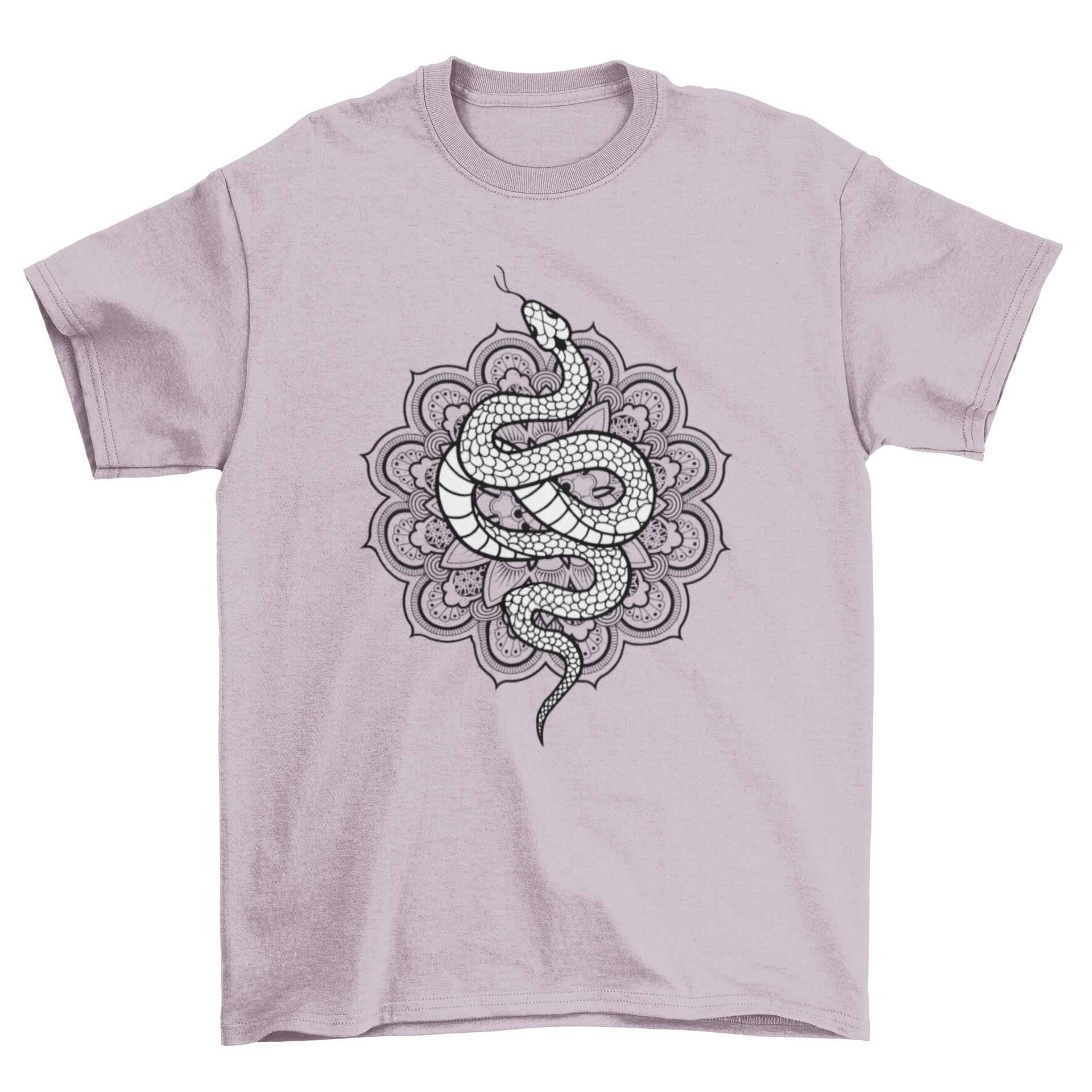 A stylish t-shirt featuring a snake illustration over an intricate mandala design, showcasing vibrant colors and artistic details.