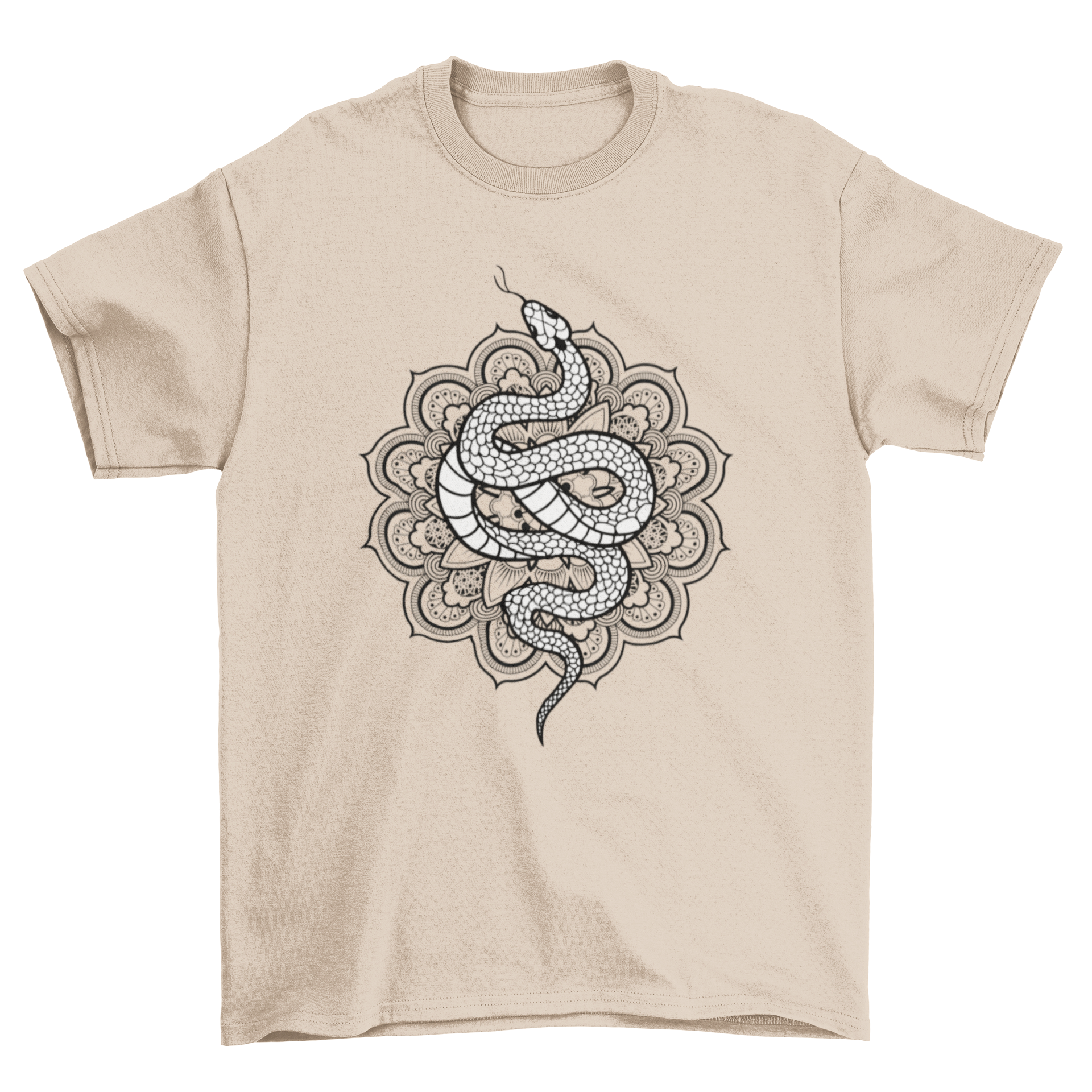 A stylish t-shirt featuring a snake illustration over an intricate mandala design, showcasing vibrant colors and artistic details.