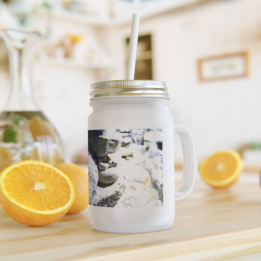 A stylish Snake Mason Jar made of frosted glass, featuring a straw and lid, perfect for personalized drinks.