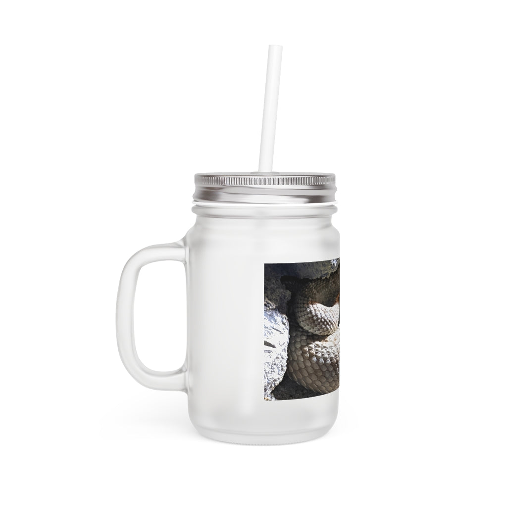 A stylish Snake Mason Jar made of frosted glass, featuring a straw and lid, perfect for personalized drinks.