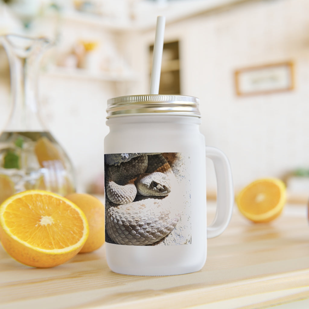 A stylish Snake Mason Jar made of frosted glass, featuring a straw and lid, perfect for personalized drinks.