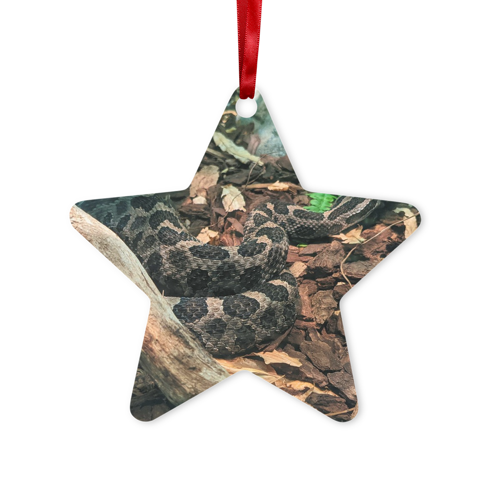 Snake Metal Hanging Ornament in hexagon and star shapes, featuring a glossy white finish and red ribbon for hanging.