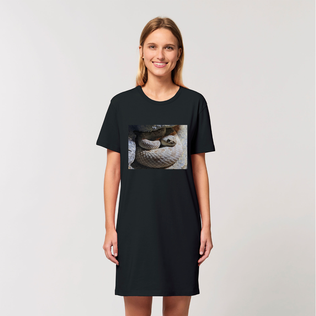 A stylish Snake Organic T-Shirt Dress made from 100% organic cotton, featuring a unique snake print design and a comfortable fit.