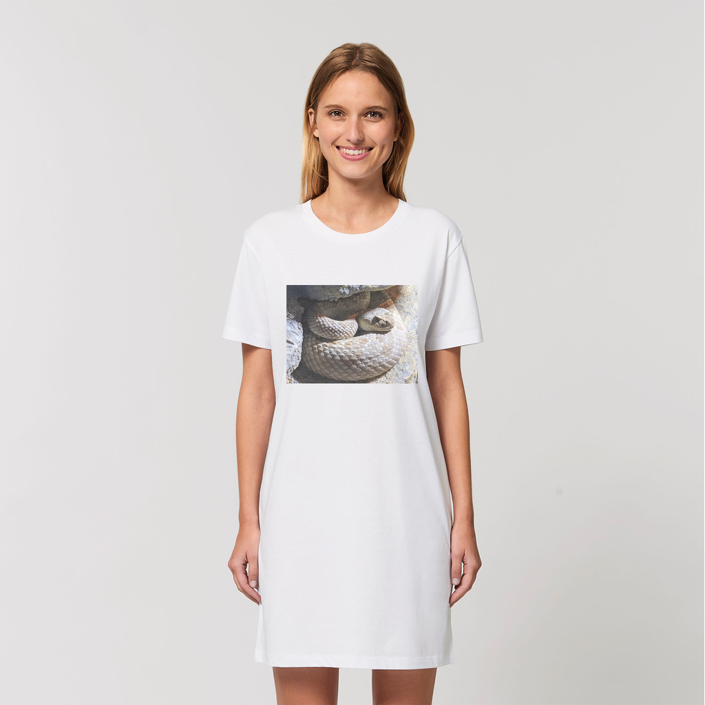 A stylish Snake Organic T-Shirt Dress made from 100% organic cotton, featuring a unique snake print design and a comfortable fit.