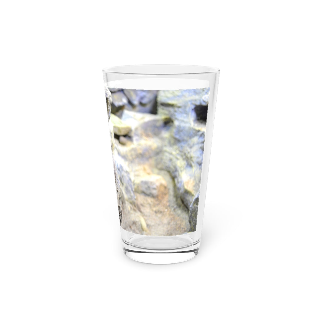 A clear 16oz Snake Pint Glass showcasing a custom printed design, perfect for beverages.