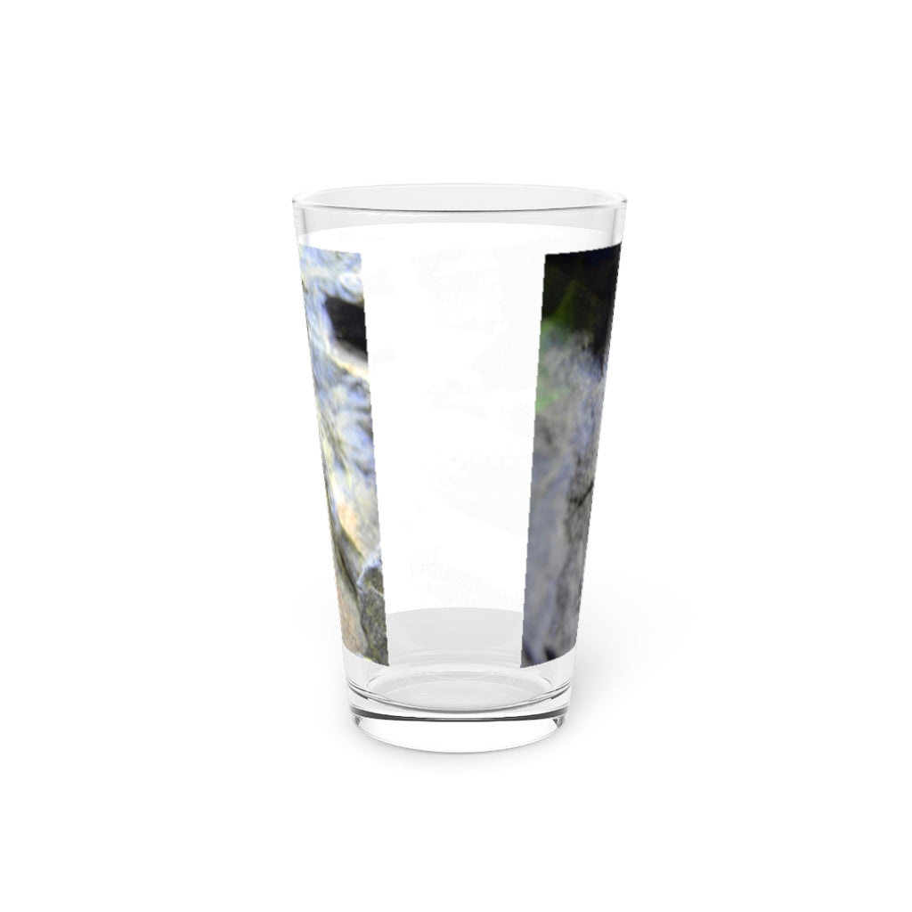 A clear 16oz Snake Pint Glass showcasing a custom printed design, perfect for beverages.