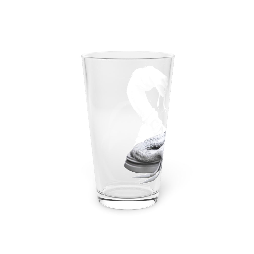 A clear 16oz Snake Pint Glass showcasing its sleek design and customizable features.