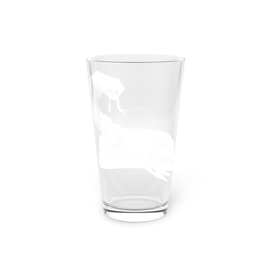 A clear 16oz Snake Pint Glass showcasing its sleek design and customizable features.