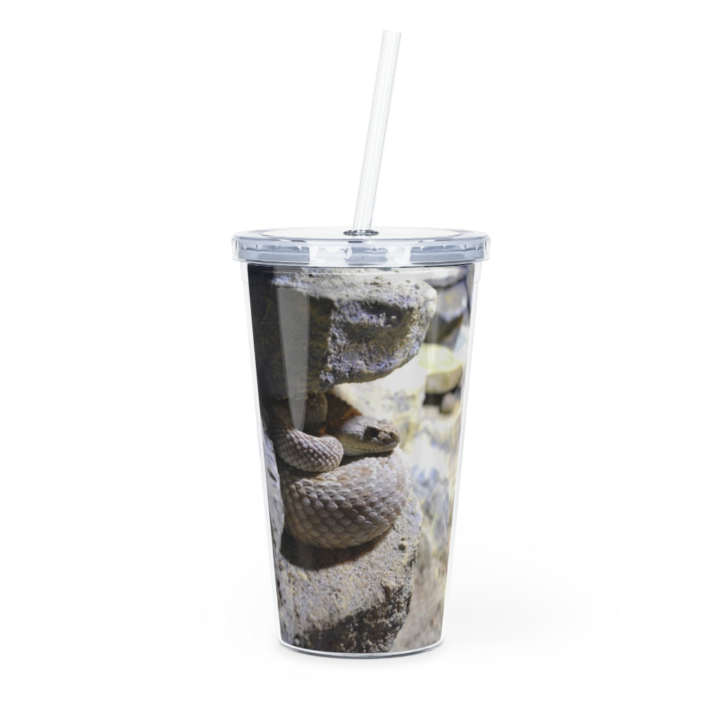 A stylish Snake Plastic Tumbler with a straw and lid, showcasing a customizable design, perfect for various beverages.