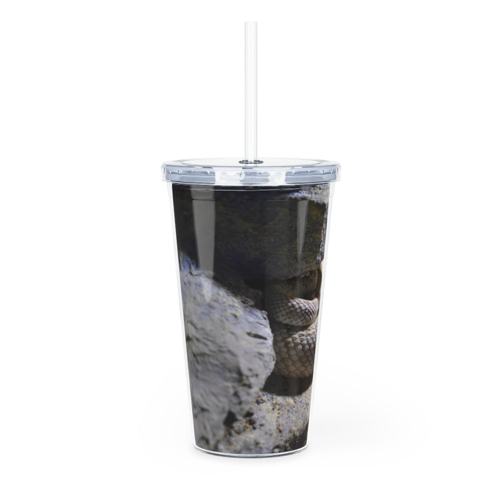 A stylish Snake Plastic Tumbler with a straw and lid, showcasing a customizable design, perfect for various beverages.