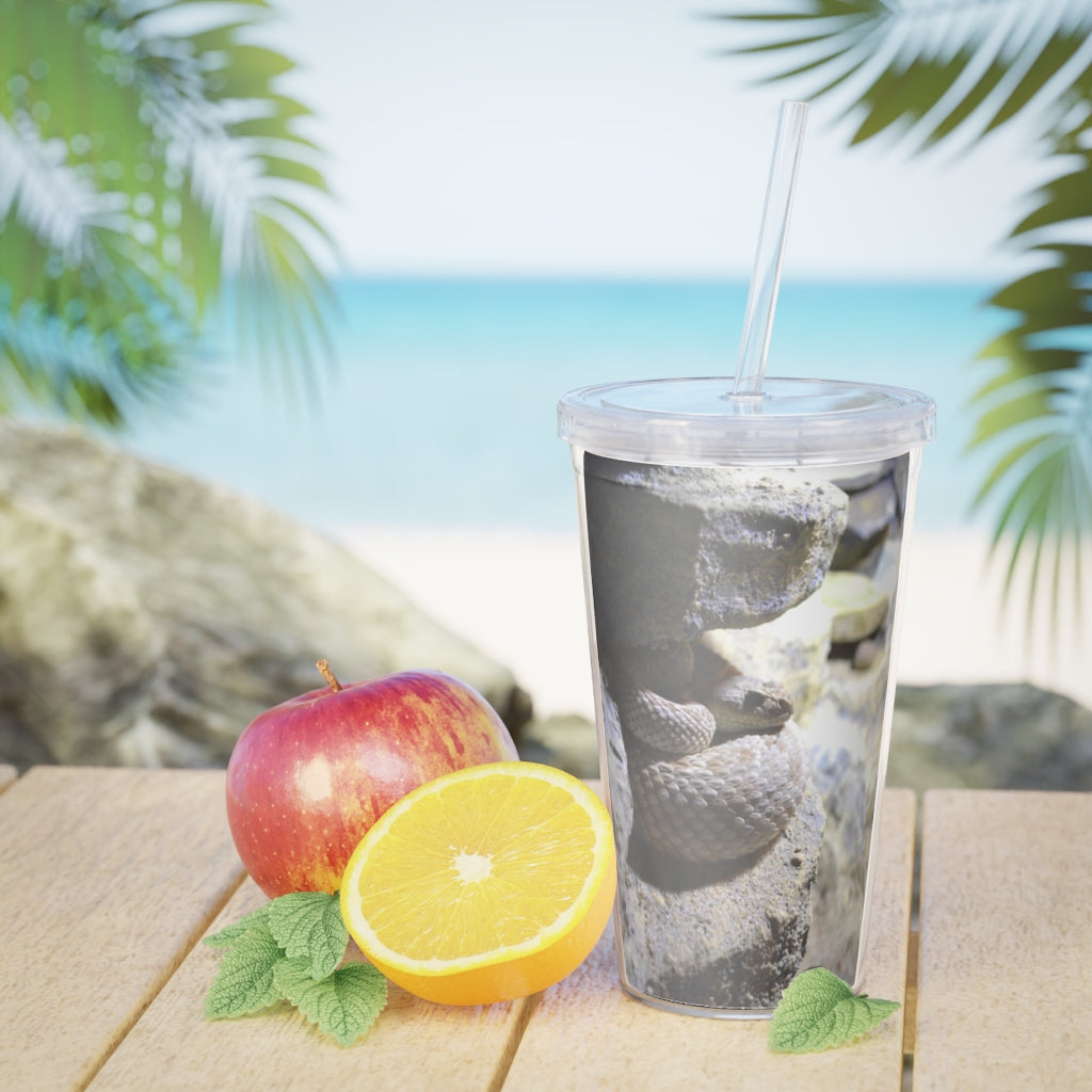 A stylish Snake Plastic Tumbler with a straw and lid, showcasing a customizable design, perfect for various beverages.