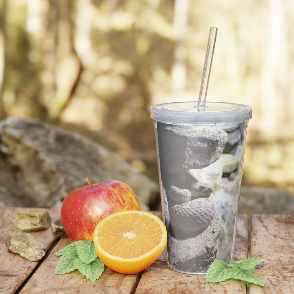 A stylish Snake Plastic Tumbler with a straw and lid, showcasing a customizable design, perfect for various beverages.