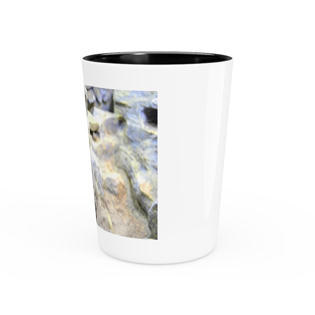 A personalized Snake Shot Glass made of white ceramic with a customizable design, featuring a black interior.