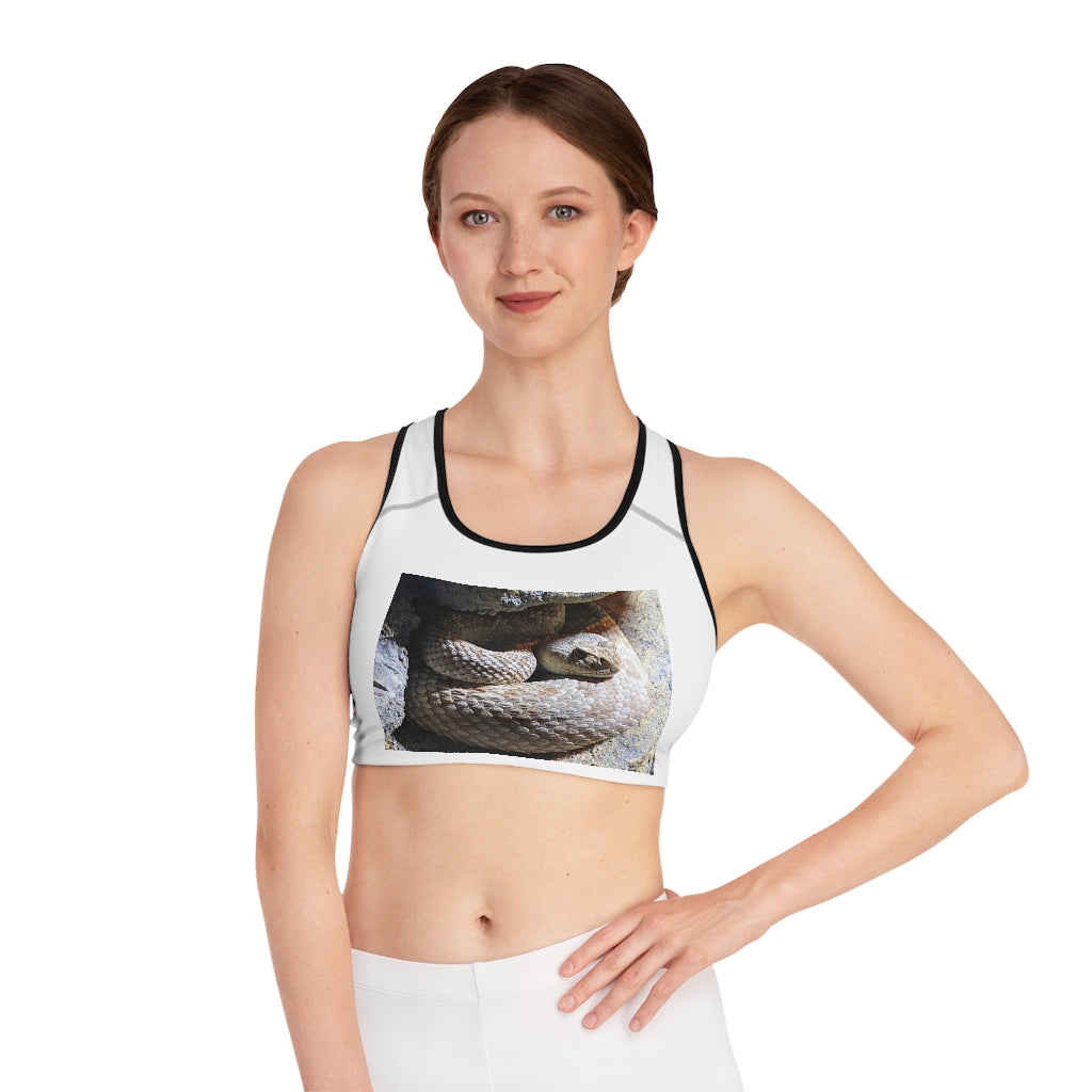 A stylish Snake Sports Bra featuring an all-over customizable print, designed for comfort and support during workouts.