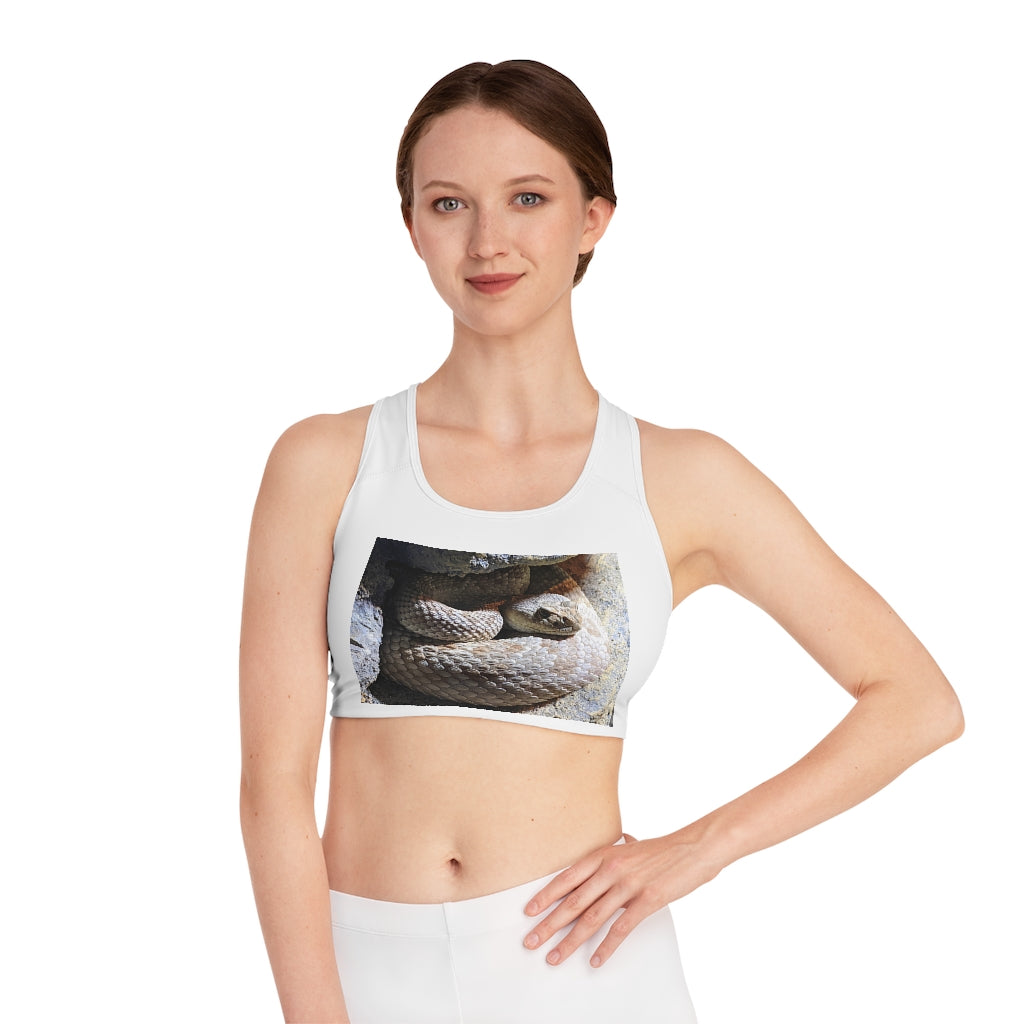 A stylish Snake Sports Bra featuring an all-over customizable print, designed for comfort and support during workouts.