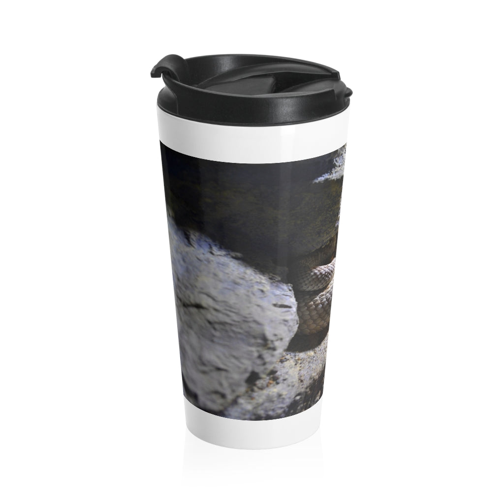 A sleek Snake Stainless Steel Travel Mug with a black plastic lid, showcasing vibrant sublimation printing, perfect for coffee and tea lovers.