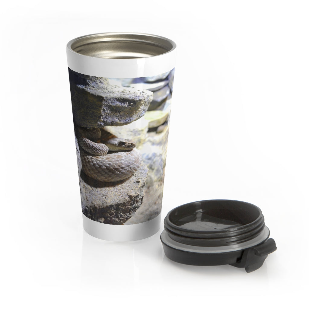 A sleek Snake Stainless Steel Travel Mug with a black plastic lid, showcasing vibrant sublimation printing, perfect for coffee and tea lovers.