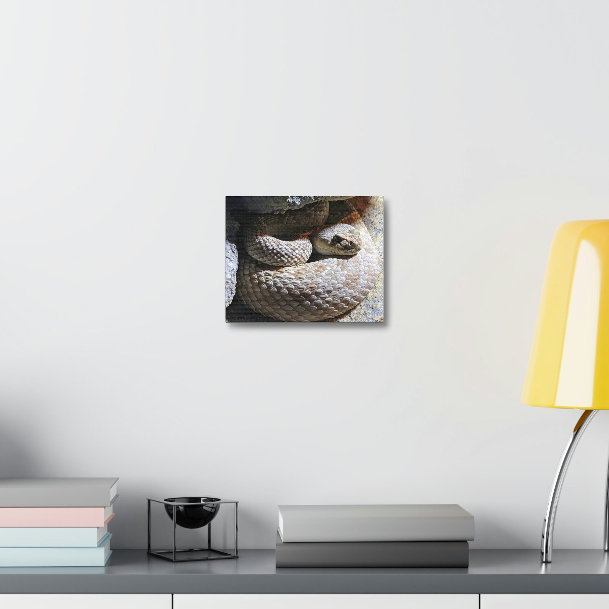 A beautifully designed Snake Stretched Canvas artwork, showcasing vibrant colors and intricate details, mounted on a sturdy wooden frame.