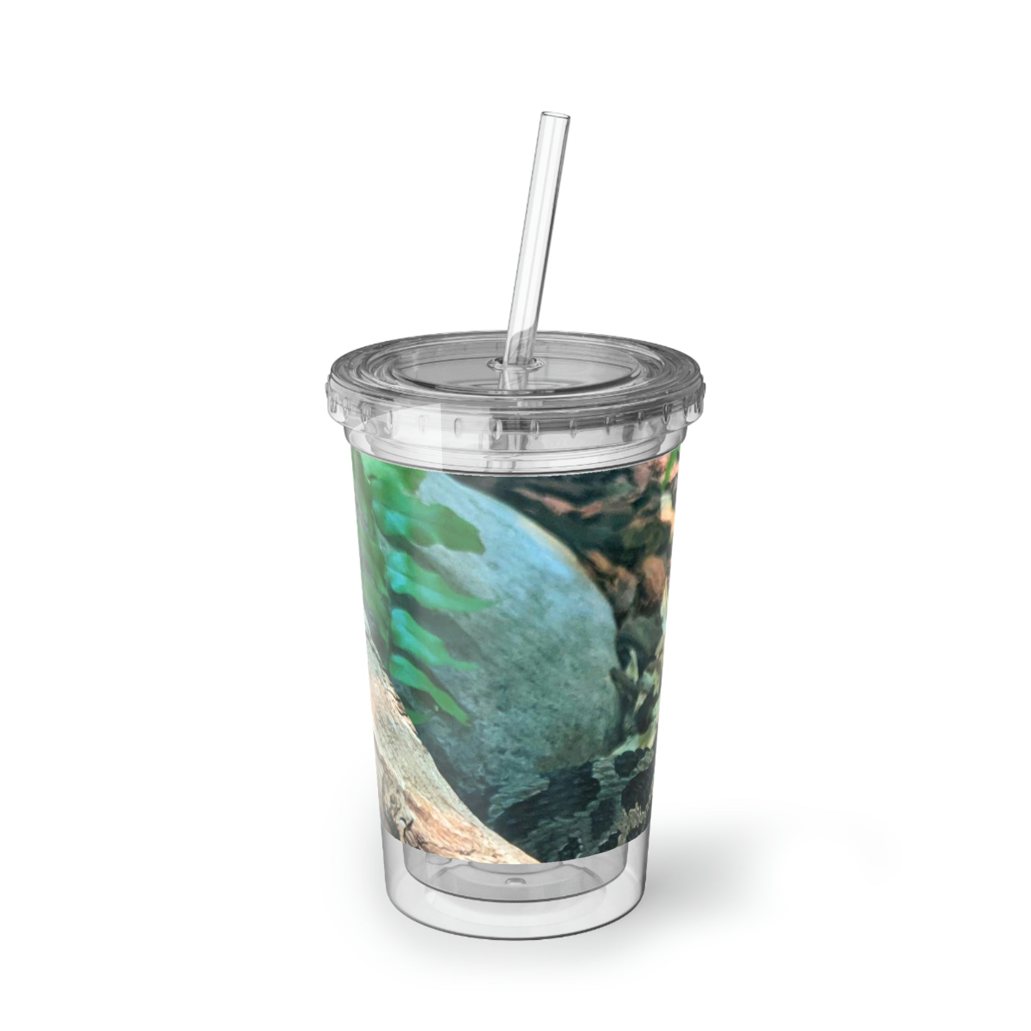 Snake Suave Acrylic Cup with stainless steel body and black plastic cap, featuring a straw.