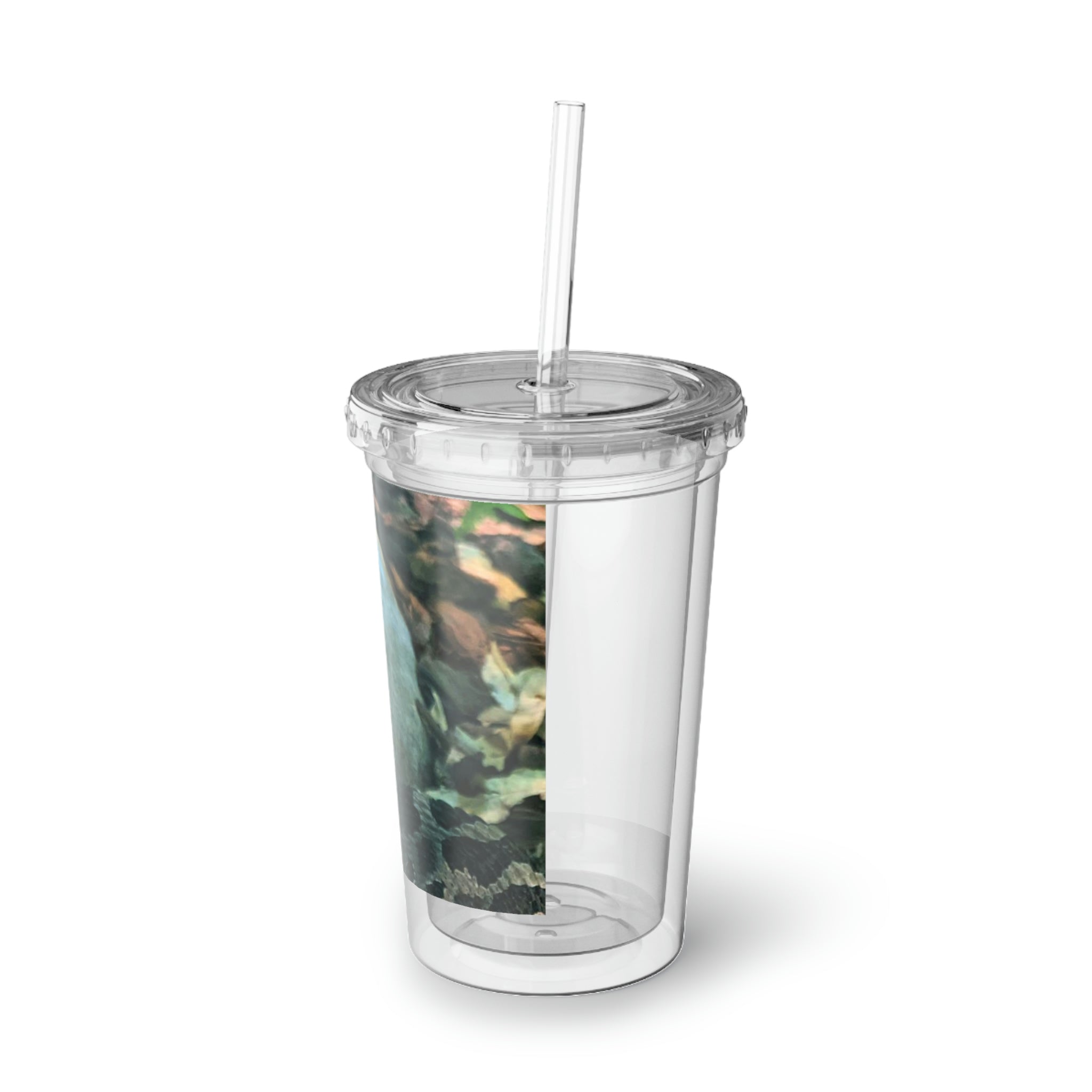 Snake Suave Acrylic Cup with stainless steel body and black plastic cap, featuring a straw.