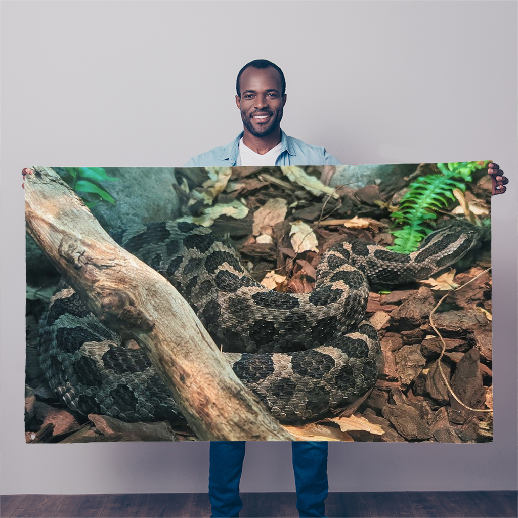 A vibrant Snake Sublimation Flag measuring 5FT X 3FT, made from durable polyester with double-stitched edges and eyelets for hanging.