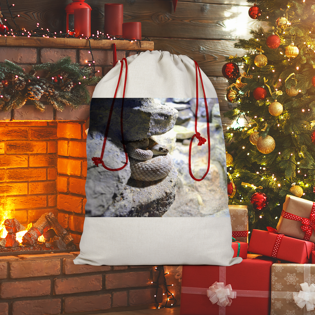 A stylish Snake Sublimation Linen Drawstring Sack with a red drawstring, featuring a vibrant sublimation print, ideal for Christmas gifts or laundry.