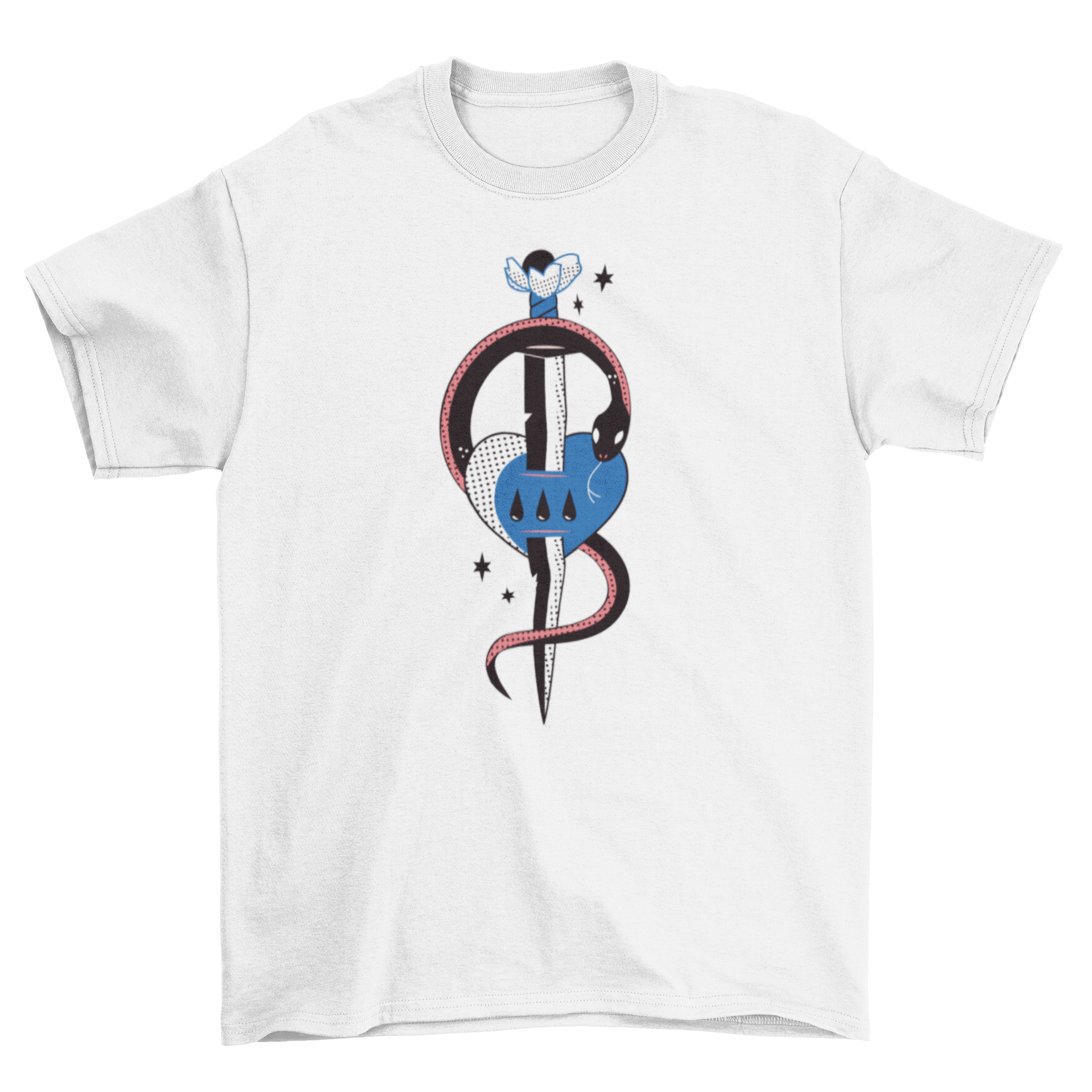 Vintage t-shirt featuring a heart pierced by a sword with a snake wrapped around it, showcasing a unique and artistic design.