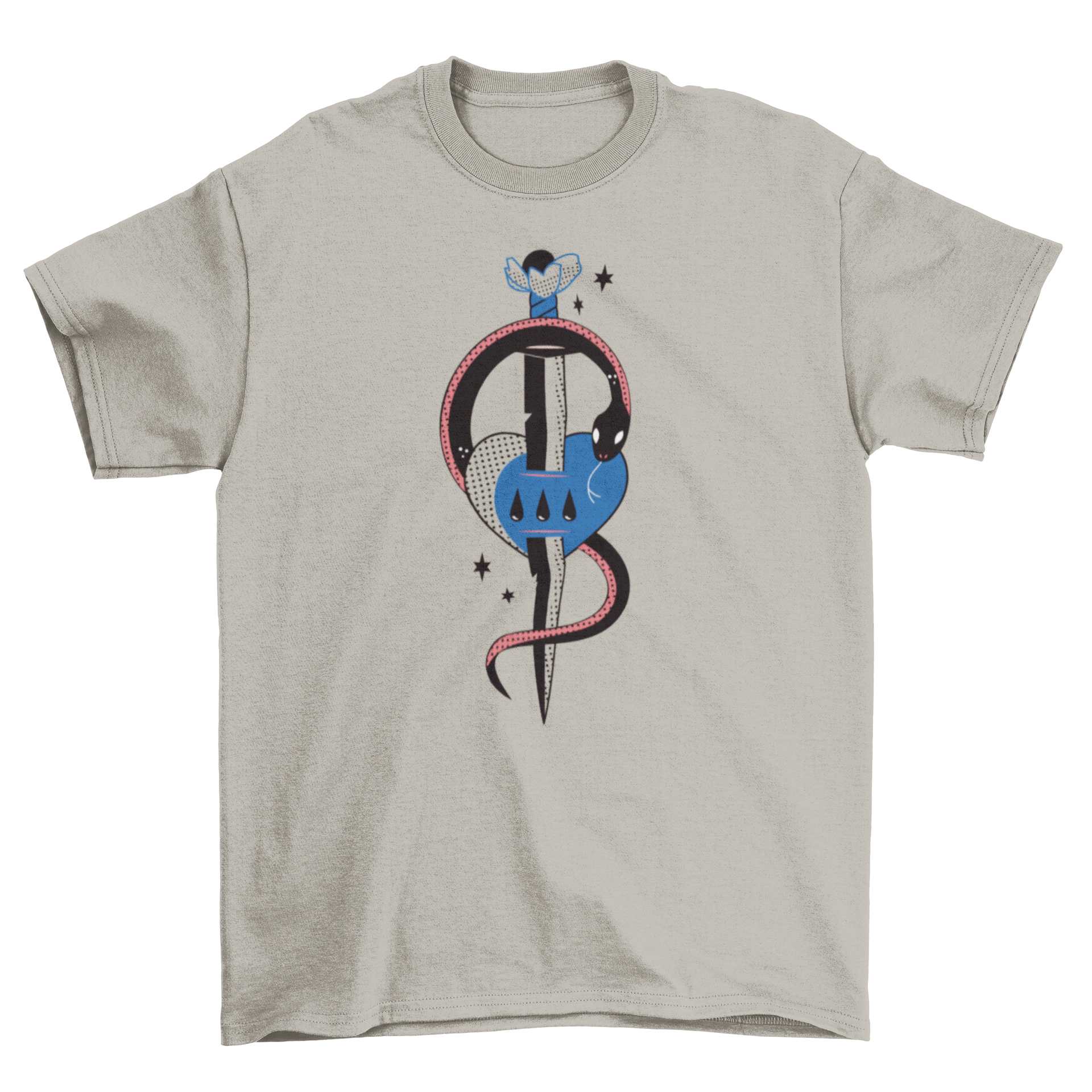 Vintage t-shirt featuring a heart pierced by a sword with a snake wrapped around it, showcasing a unique and artistic design.