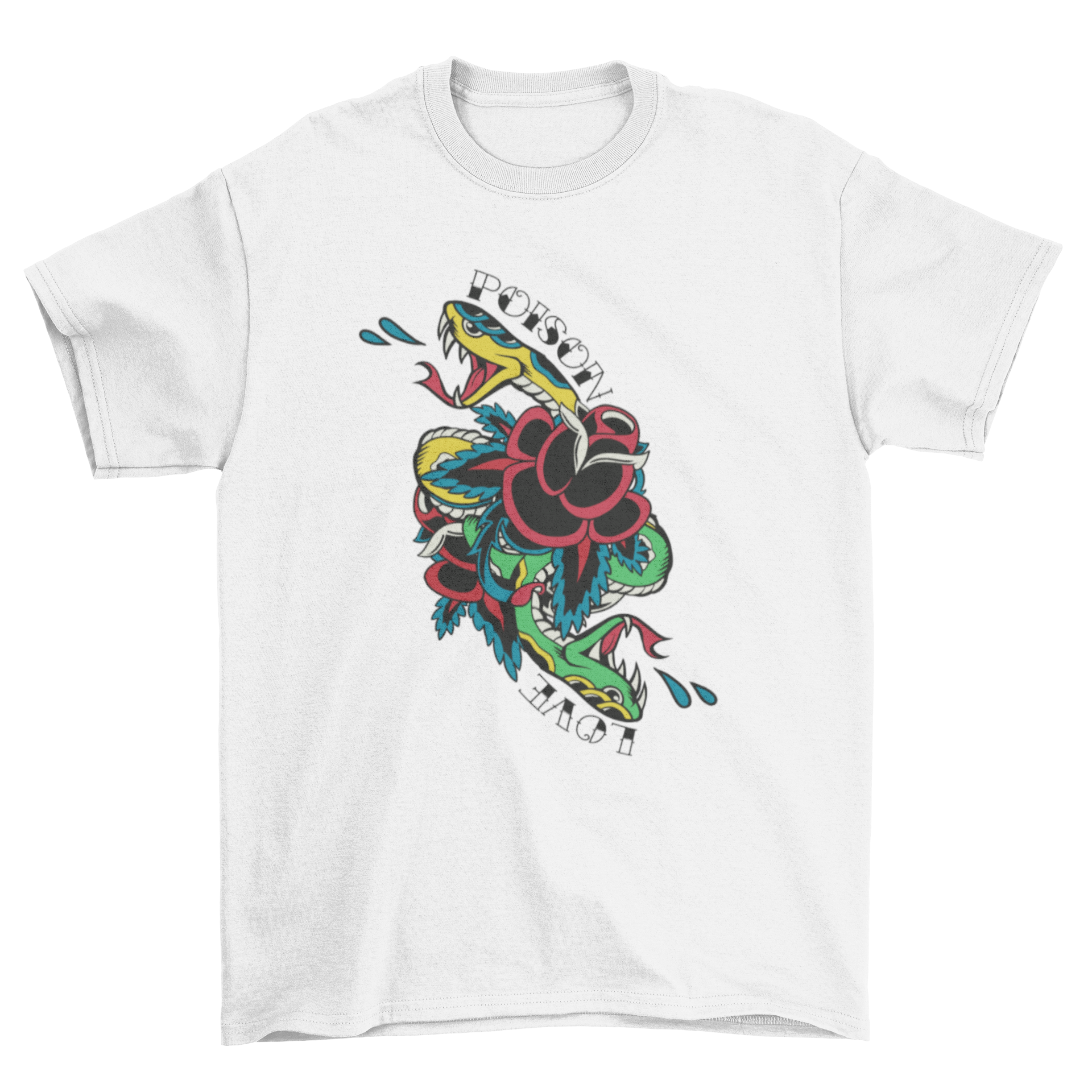 A stylish Snake Traditional Tattoo T-shirt featuring a snake design and the words 'POISON LOVE' in a classic tattoo style.