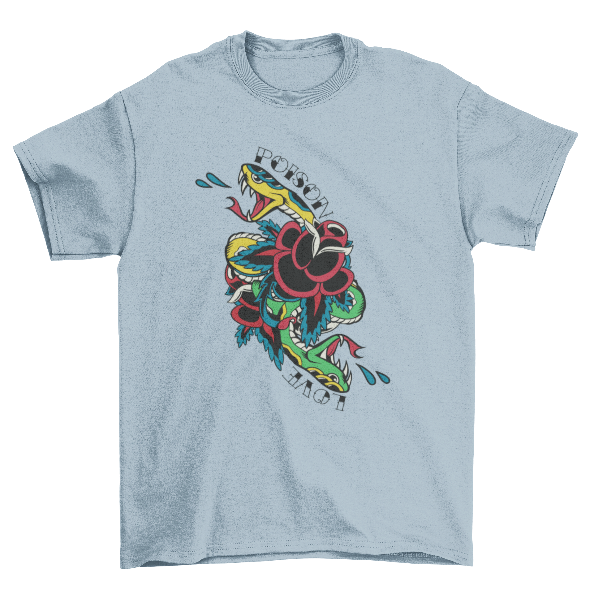 A stylish Snake Traditional Tattoo T-shirt featuring a snake design and the words 'POISON LOVE' in a classic tattoo style.