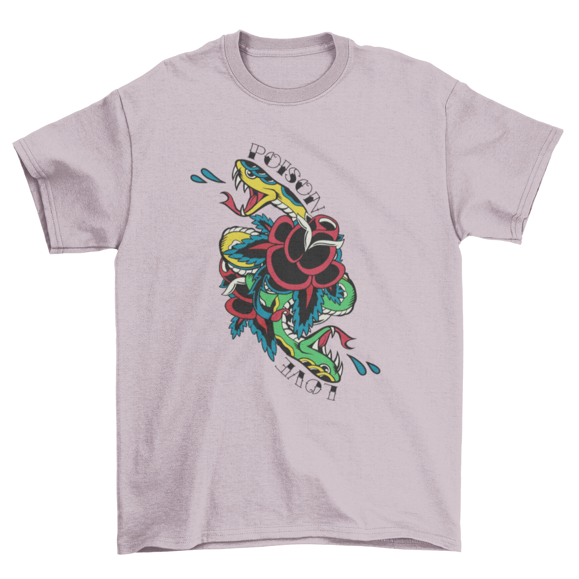 A stylish Snake Traditional Tattoo T-shirt featuring a snake design and the words 'POISON LOVE' in a classic tattoo style.