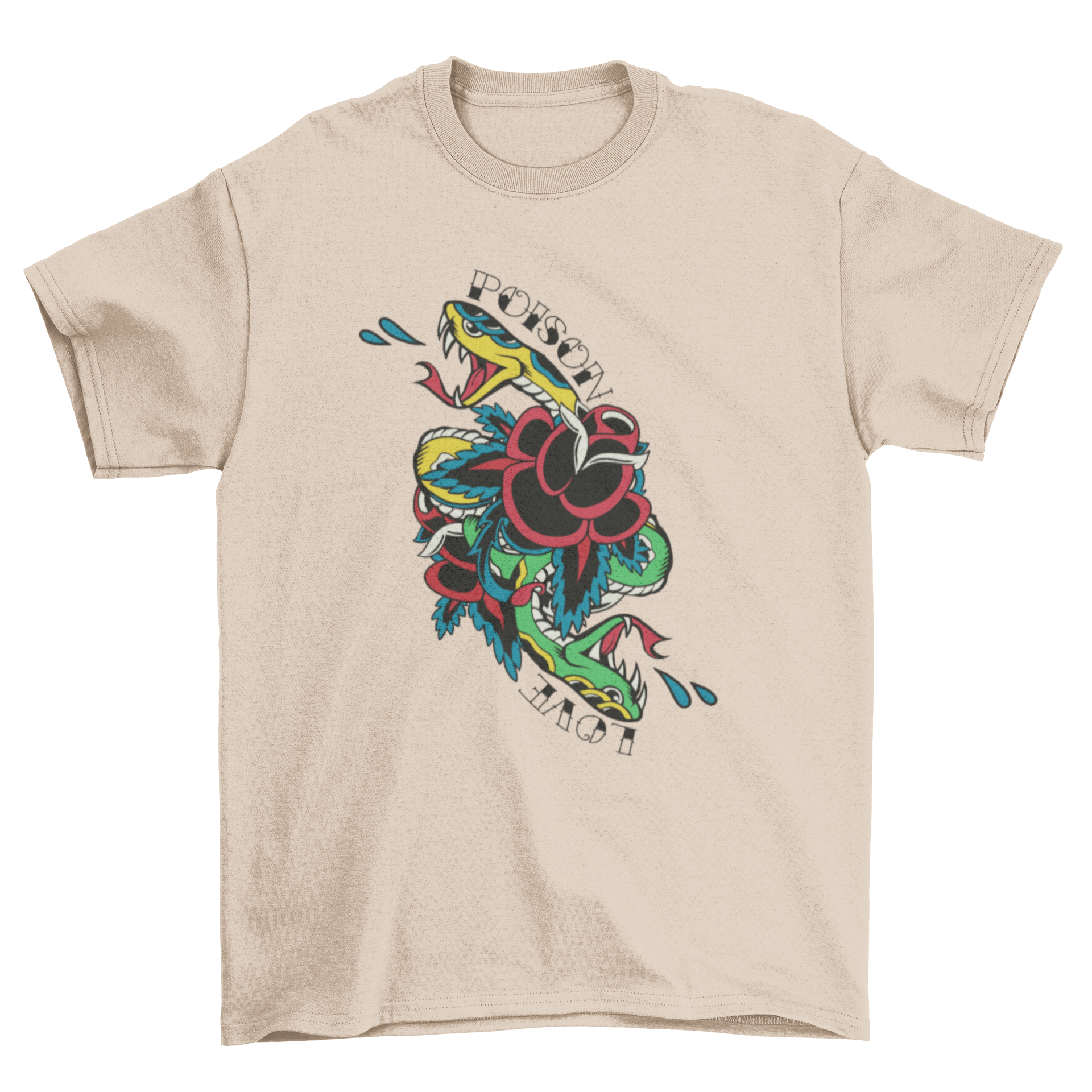 A stylish Snake Traditional Tattoo T-shirt featuring a snake design and the words 'POISON LOVE' in a classic tattoo style.