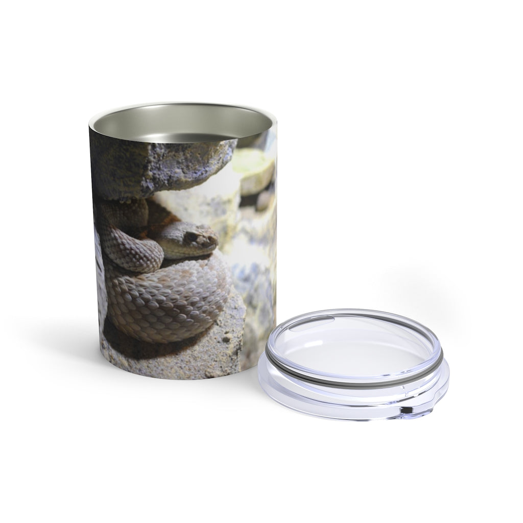 A stylish 10oz stainless steel Snake Tumbler with a see-thru plastic lid, perfect for travel and outdoor use.