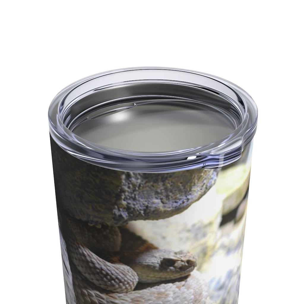 A stylish 10oz stainless steel Snake Tumbler with a see-thru plastic lid, perfect for travel and outdoor use.