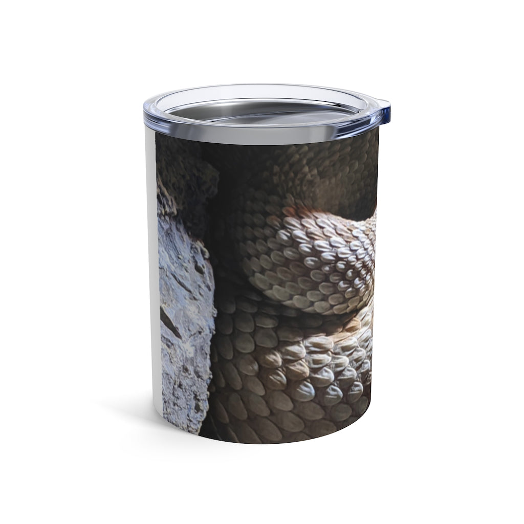 A stylish 10oz stainless steel Snake Tumbler with a see-thru plastic lid, perfect for travel and outdoor use.