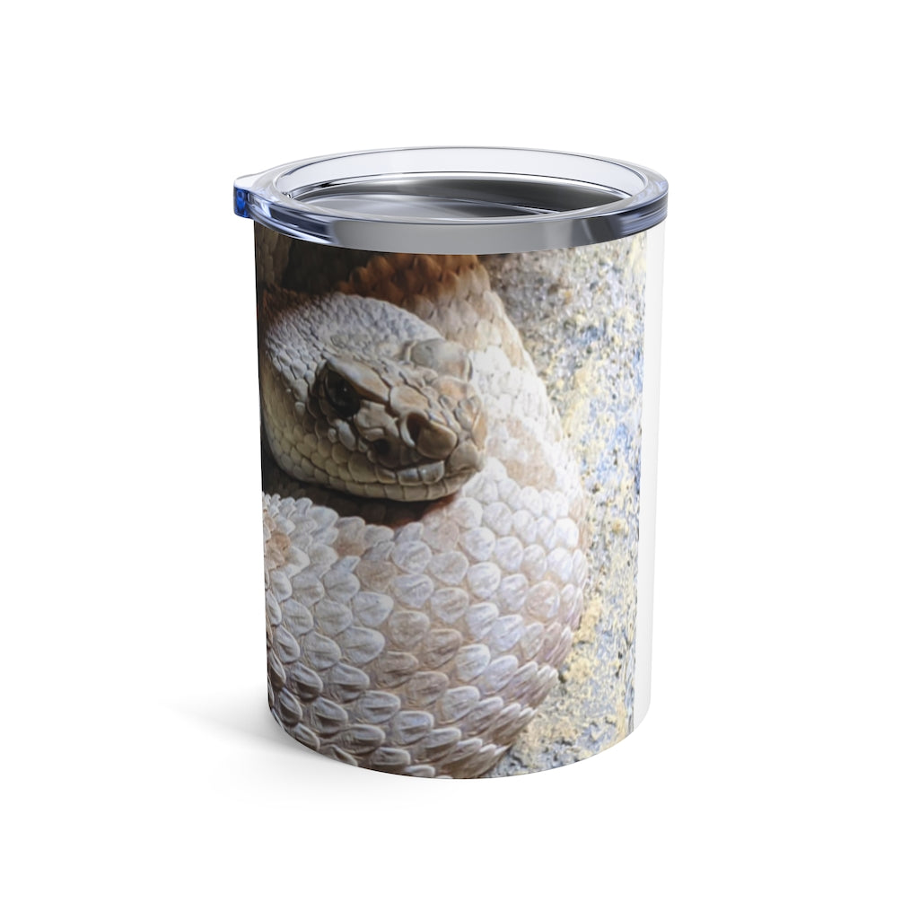 A stylish 10oz stainless steel Snake Tumbler with a see-thru plastic lid, perfect for travel and outdoor use.