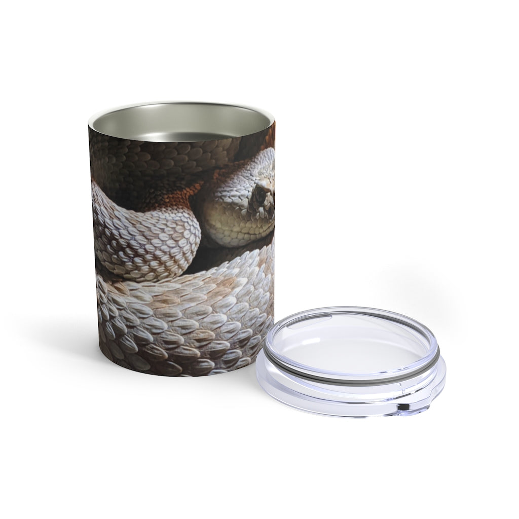 A stylish 10oz stainless steel Snake Tumbler with a see-thru plastic lid, perfect for travel and outdoor use.