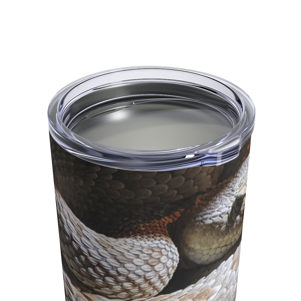 A stylish 10oz stainless steel Snake Tumbler with a see-thru plastic lid, perfect for travel and outdoor use.