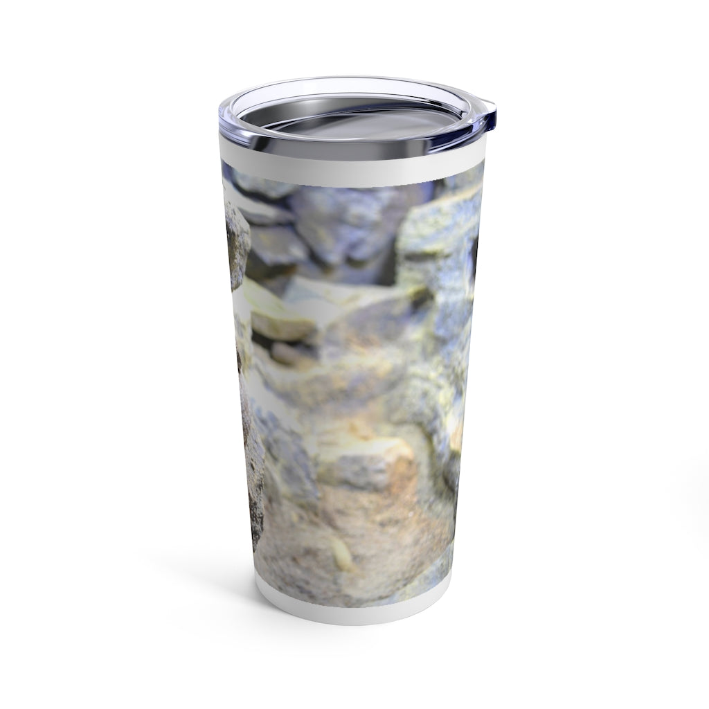 A sleek stainless steel Snake Tumbler 20oz with a see-thru plastic lid, showcasing its stylish design and durable construction.