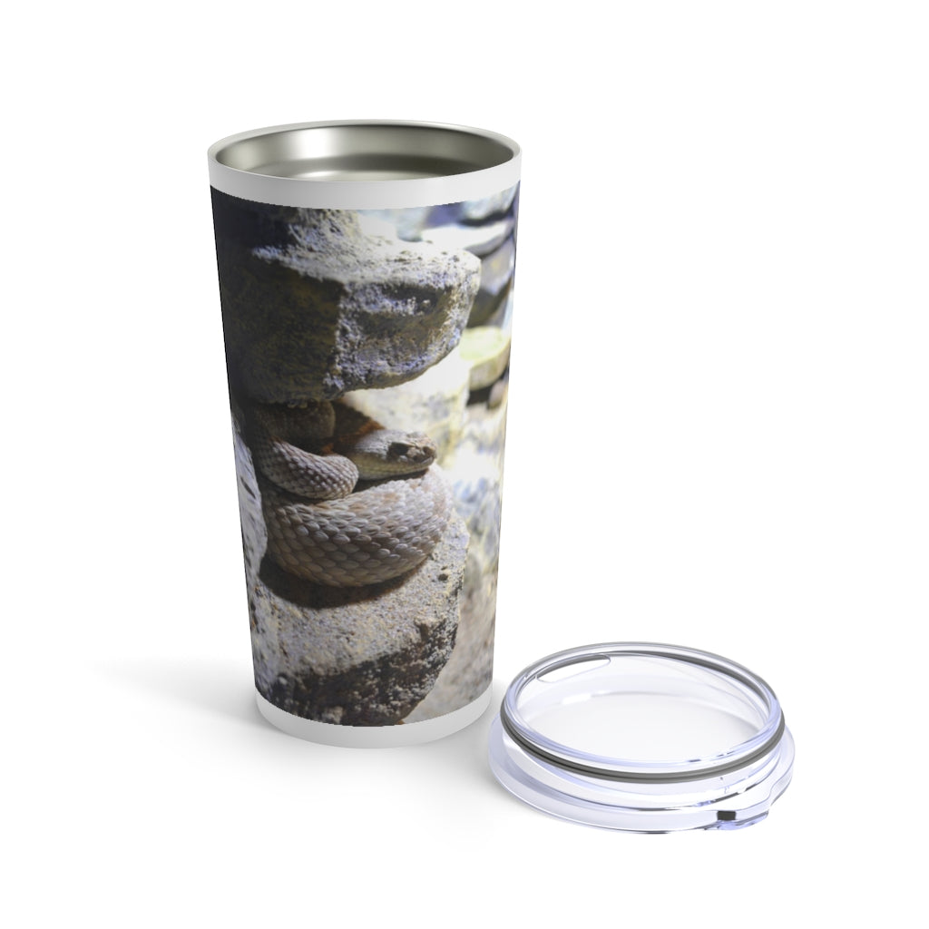 A sleek stainless steel Snake Tumbler 20oz with a see-thru plastic lid, showcasing its stylish design and durable construction.