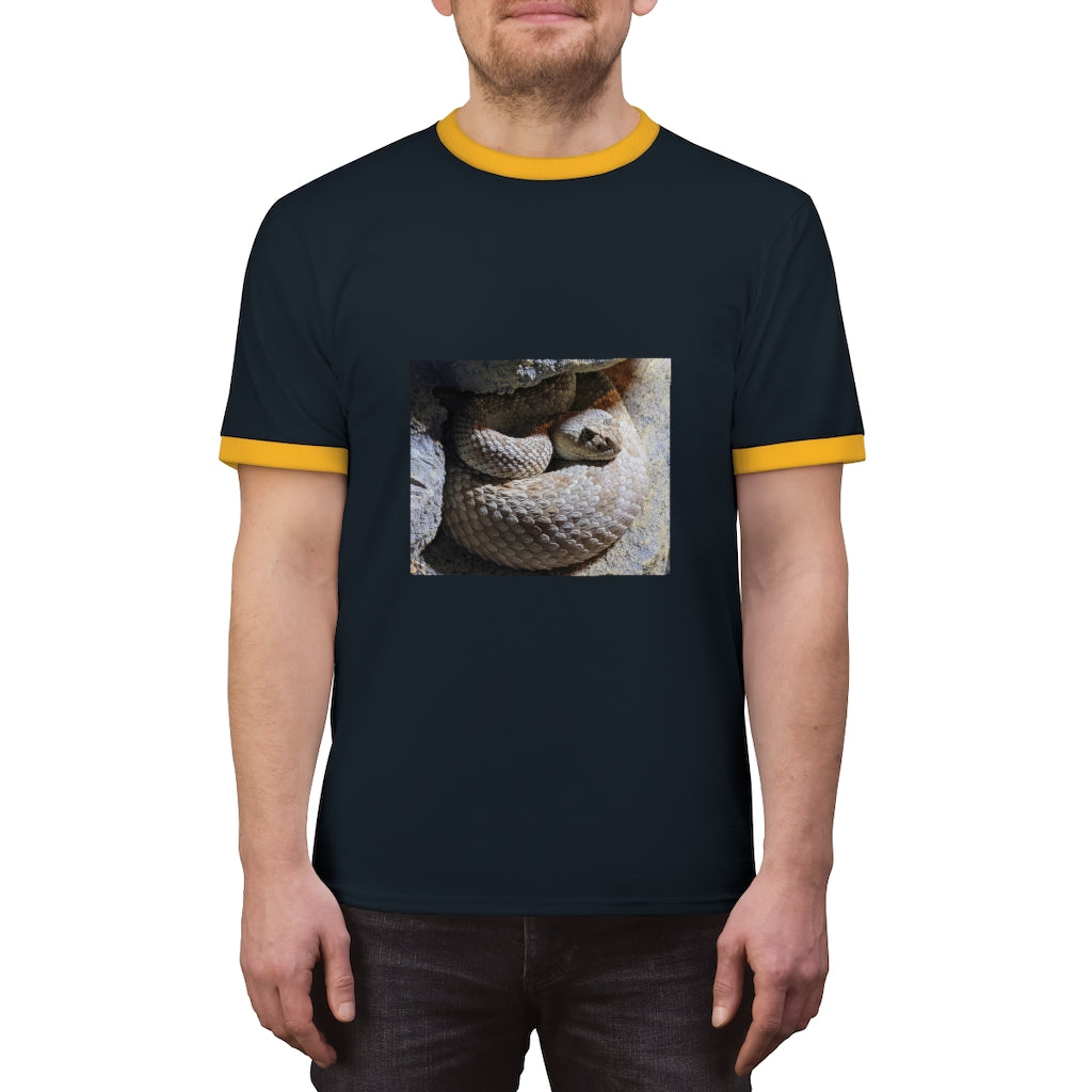 A stylish Snake Unisex Ringer Tee featuring a classic design with contrasting colors, perfect for summer wear.