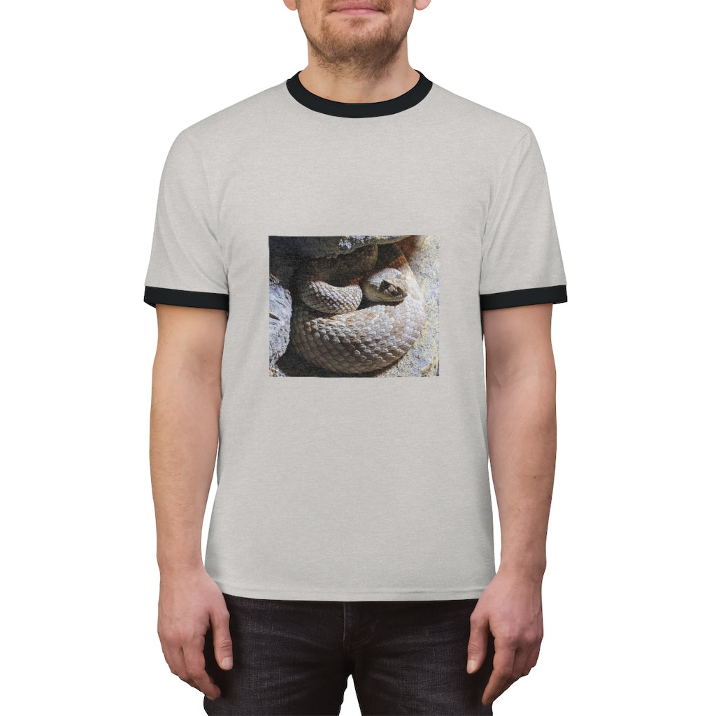 A stylish Snake Unisex Ringer Tee featuring a classic design with contrasting colors, perfect for summer wear.