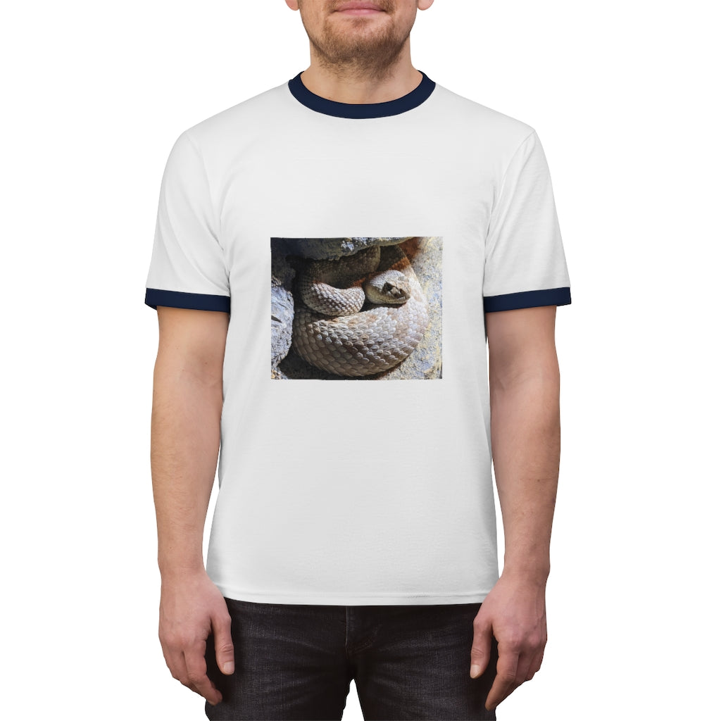 A stylish Snake Unisex Ringer Tee featuring a classic design with contrasting colors, perfect for summer wear.