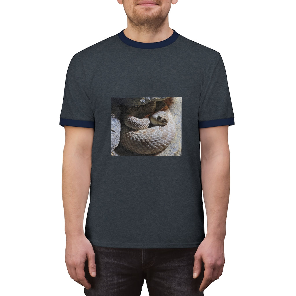 A stylish Snake Unisex Ringer Tee featuring a classic ringer design with contrasting collar and sleeves, available in various colors.