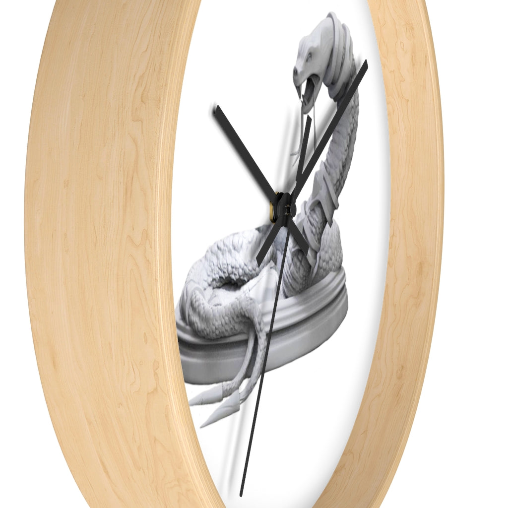 A stylish Snake Wall Clock featuring a unique design with a wooden frame and plexiglass face, perfect for indoor decor.