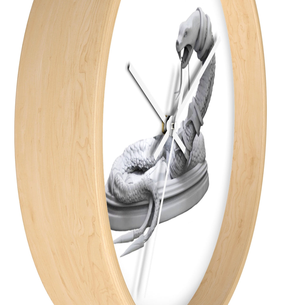 A stylish Snake Wall Clock featuring a unique design with a wooden frame and plexiglass face, perfect for indoor decor.