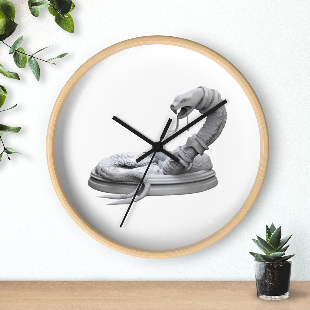 A stylish Snake Wall Clock featuring a unique design with a wooden frame and plexiglass face, perfect for indoor decor.