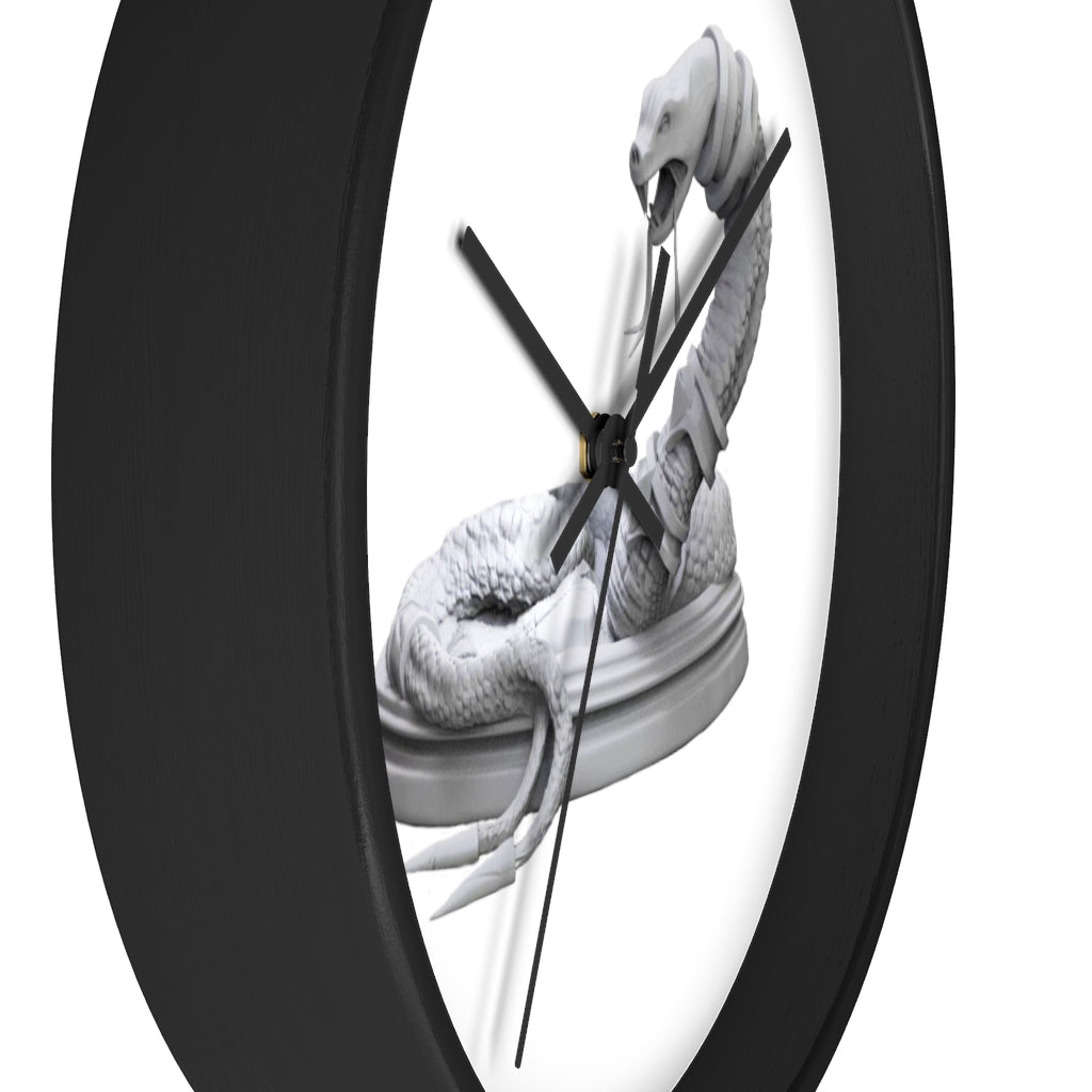 A stylish Snake Wall Clock featuring a unique design with a wooden frame and plexiglass face, perfect for indoor decor.